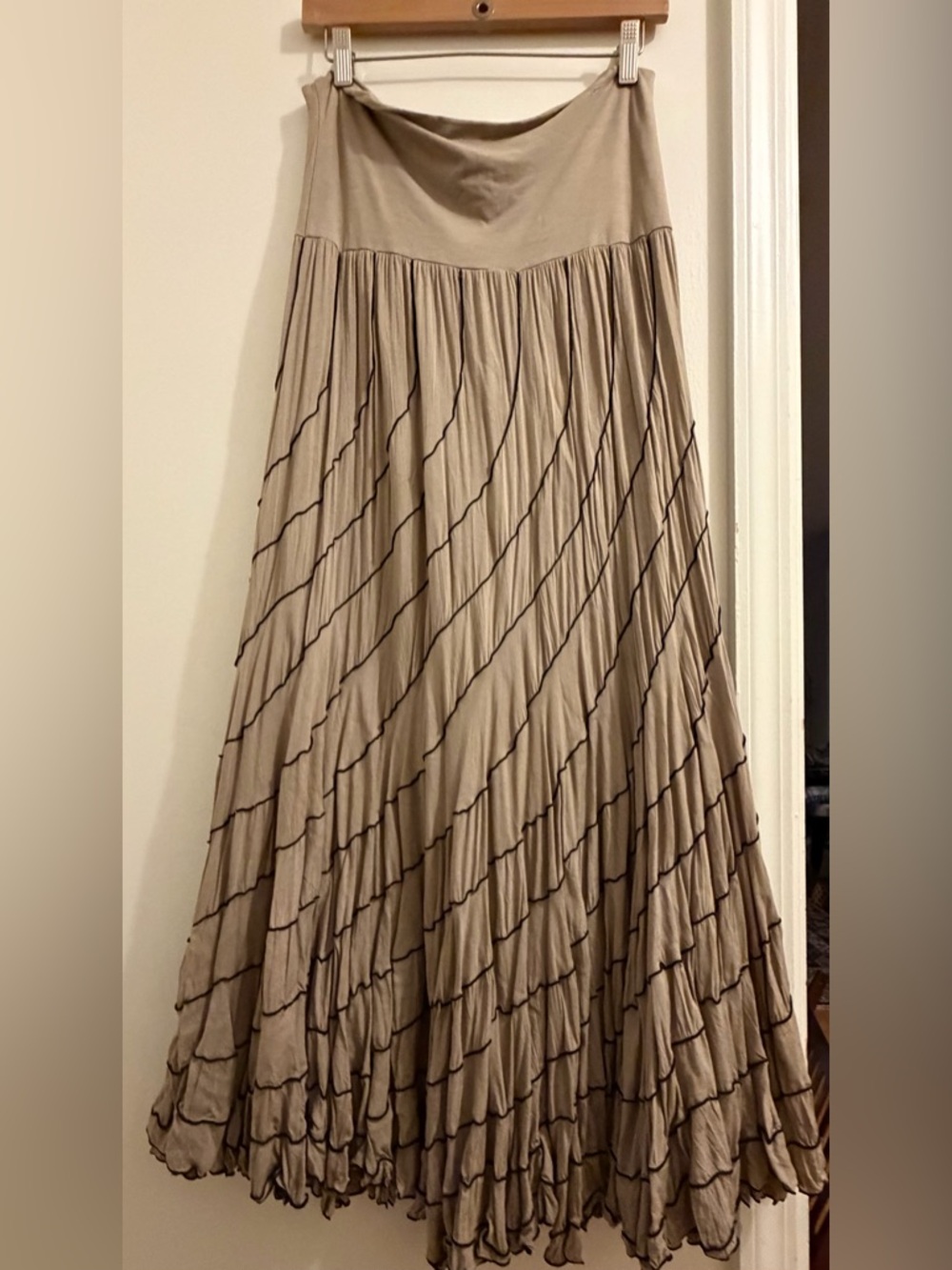 Pleated Taupe Maxi Skirt with Diagonal Ruffle Detail